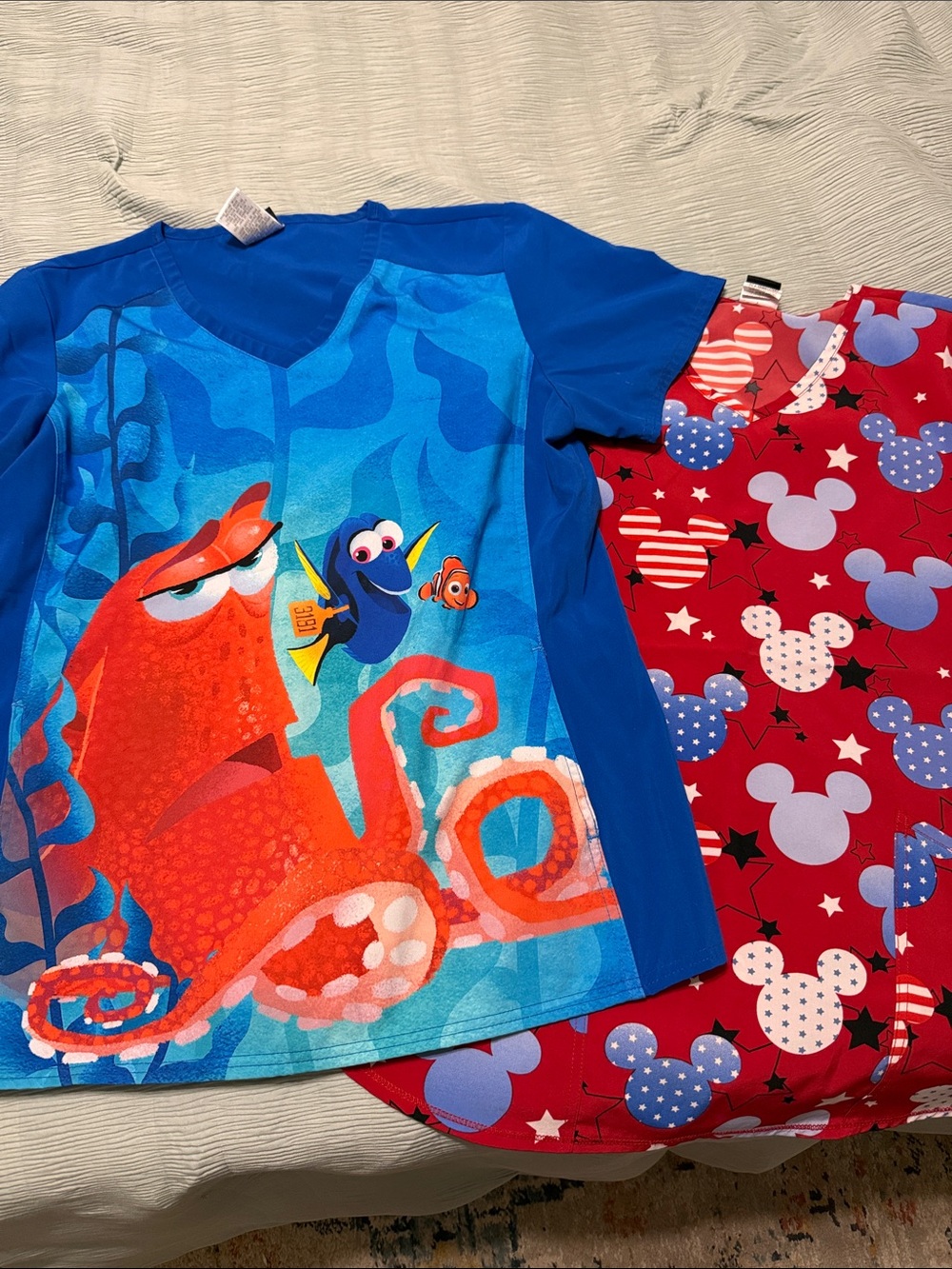 Scrub Tops: Finding Dory Print and Red/White/Blue Mickey Mouse